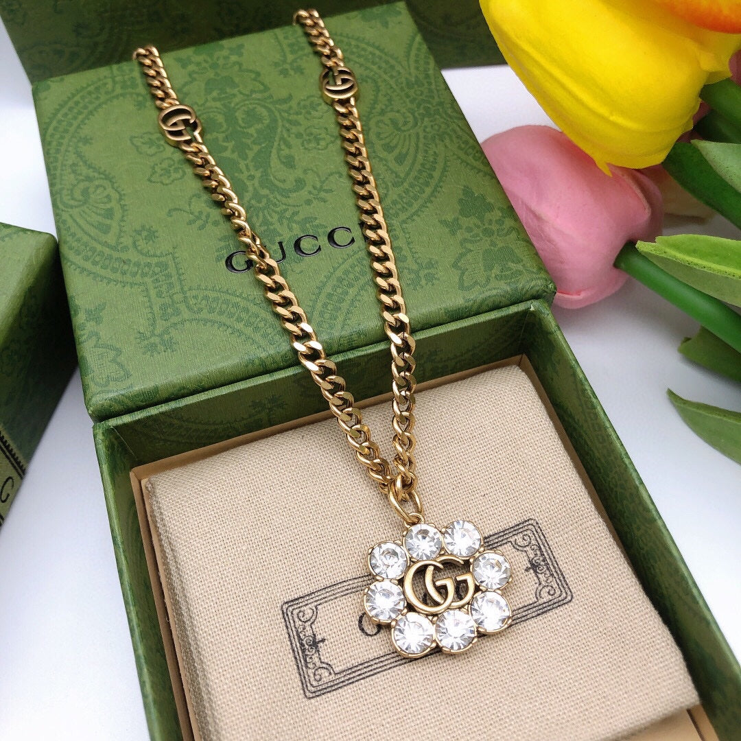 18K Double Gucci Flower Crystals Necklace