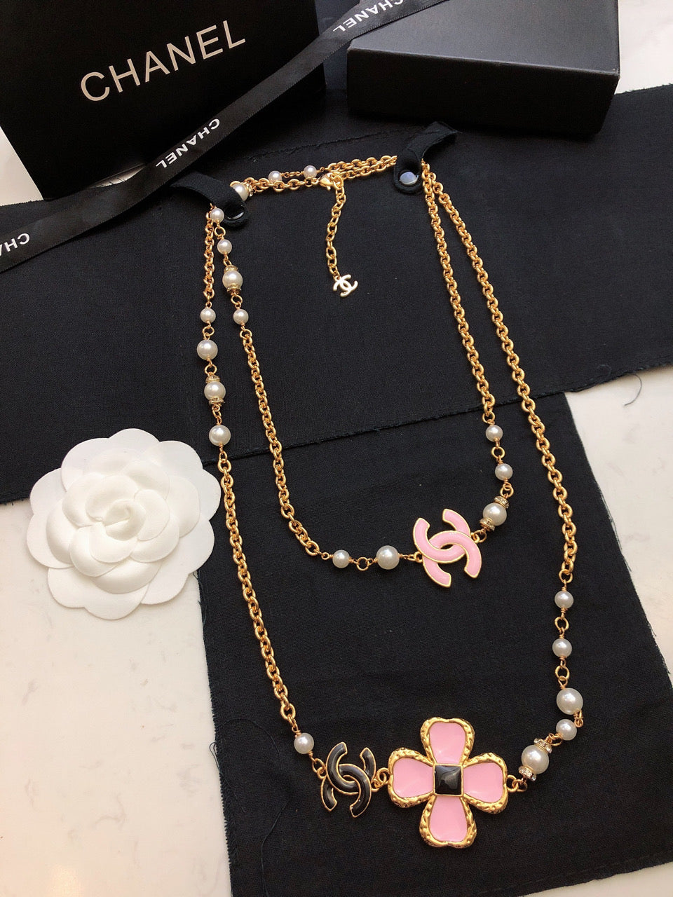 18K  Chanel Pink Flowers Necklace